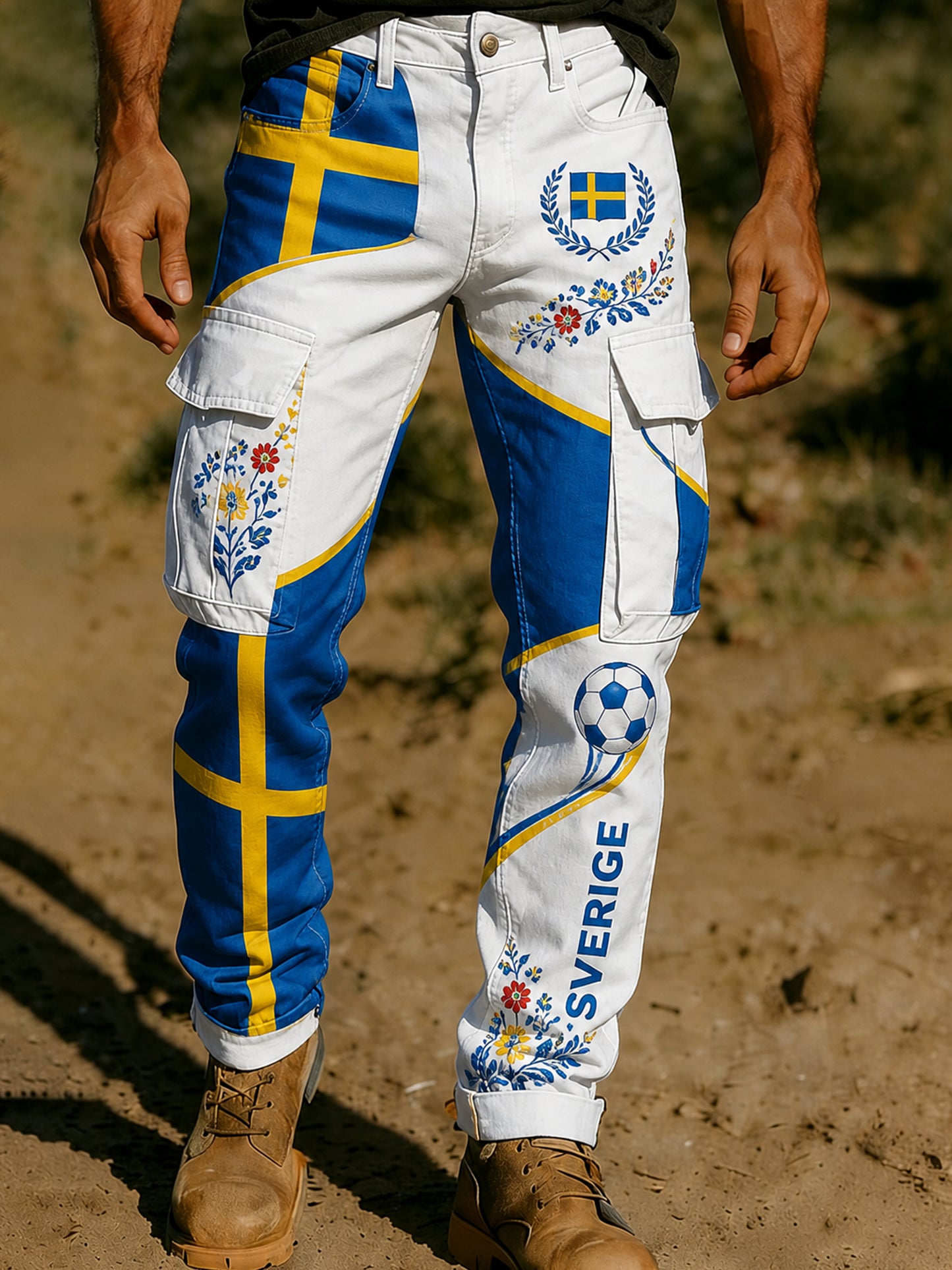 Men's trousers with football support themed art print for men