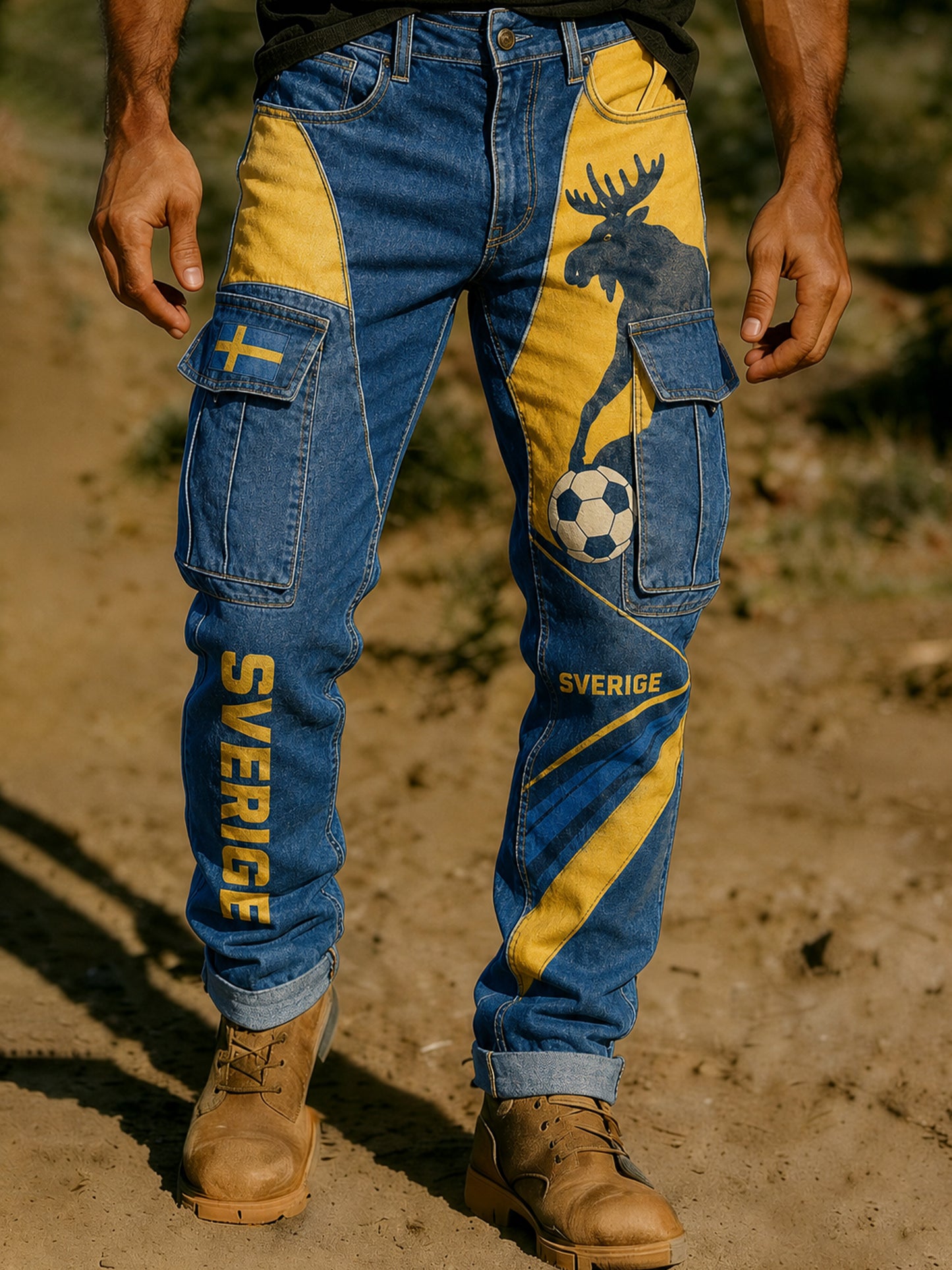 Men's trousers with football support themed art print for men