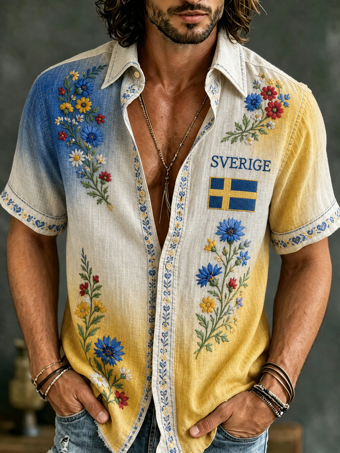 Men's shirt with art print commemorating Midsummer and National Day in Sweden