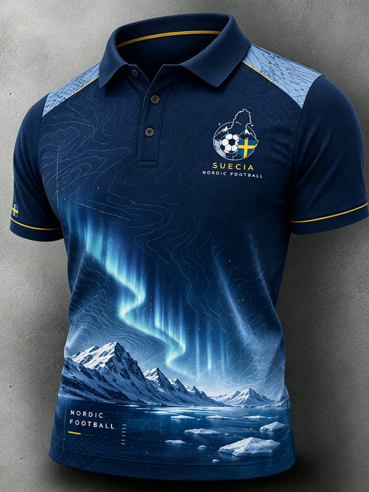 Men's short-sleeved polo shirt with football pattern
