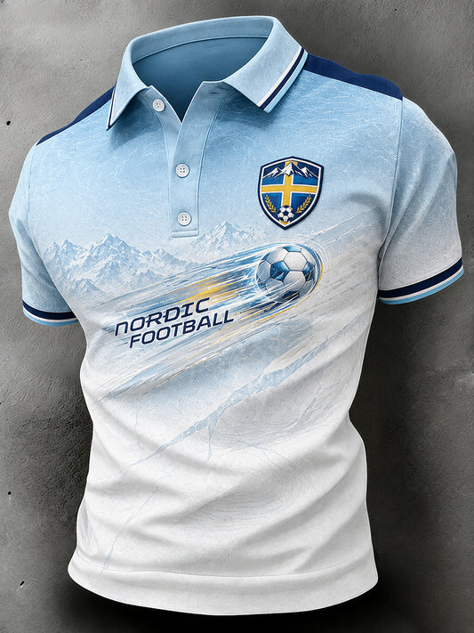 Men's short-sleeved polo shirt with football pattern