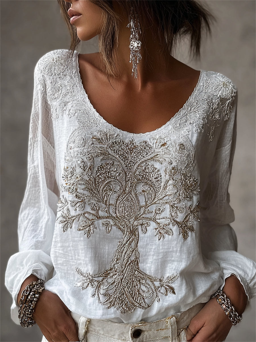 Women's shirt in classic Viking style with tree of life and floral patterns, in cotton-linen