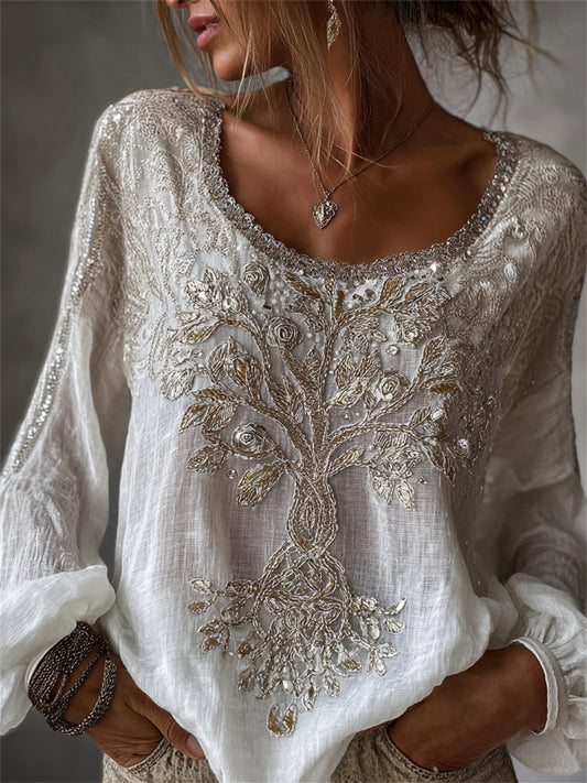 Women's vintage Viking style Tree of Life glitter floral print cotton linen shirt