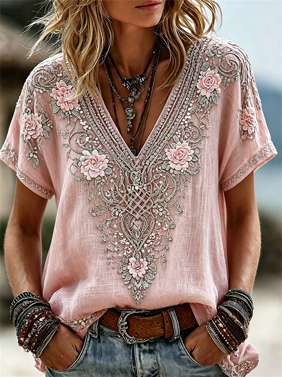 Women's linen shirt with Viking Celtic knot, bohemian floral pattern, and short sleeves