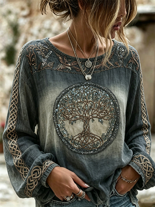 Women's Vintage Viking Tree of Life Celtic Knot Gradient Printed Cotton Linen Shirt