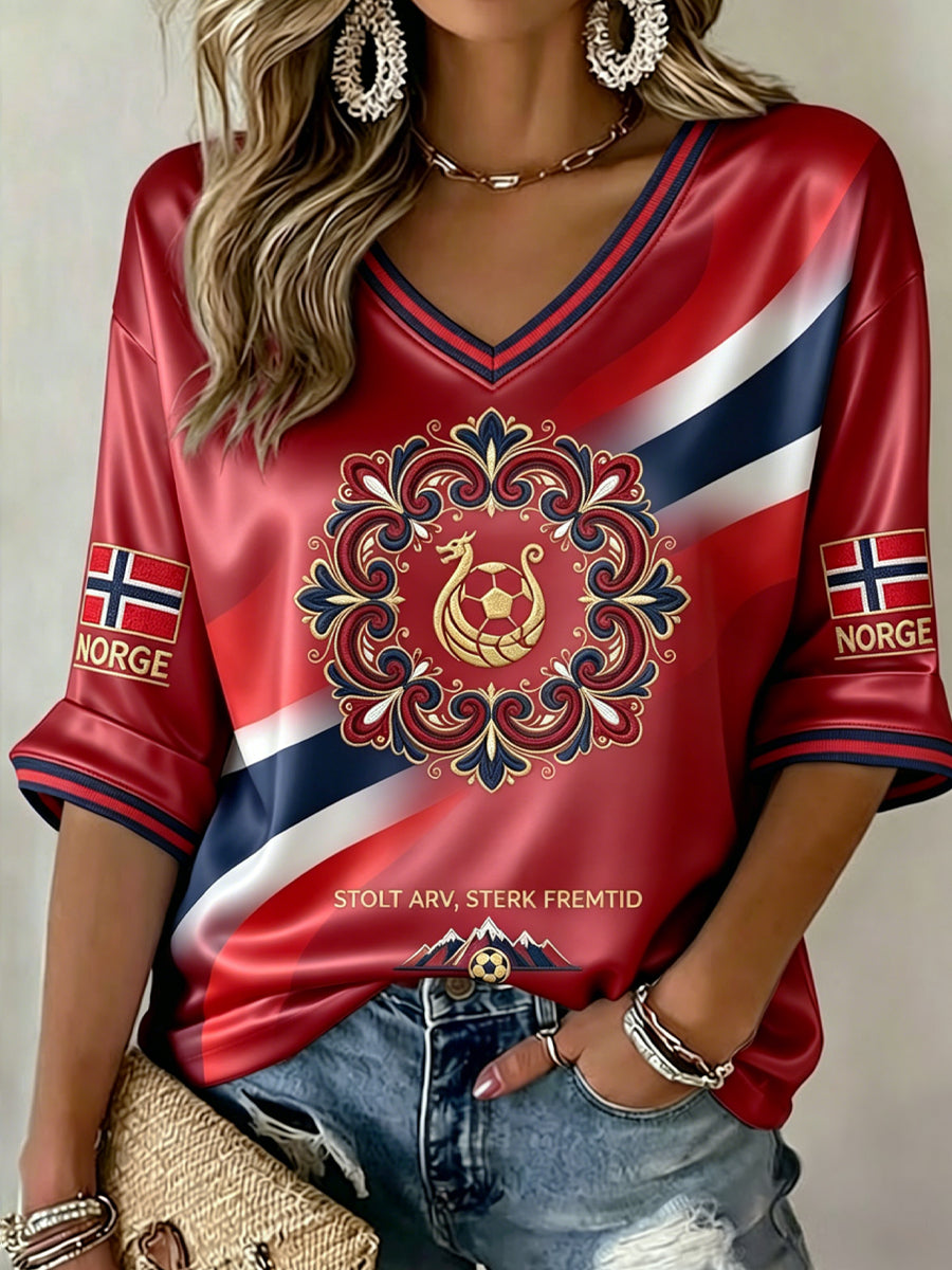Women's Retro Norway 2026 Football Casual V-Neck T-Shirt