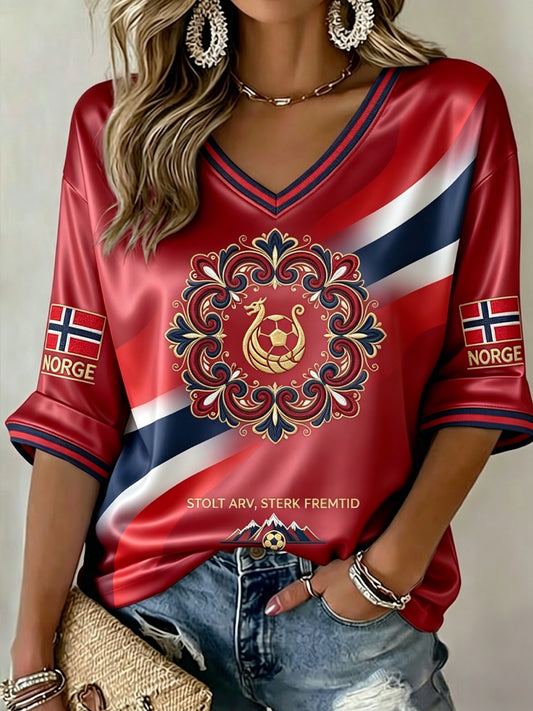 Women's Retro Norway 2026 Football Casual V-Neck T-Shirt