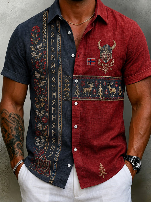 Men's Vintage Scandinavian Style Cotton-Linen Shirt with Norwegian Art Print