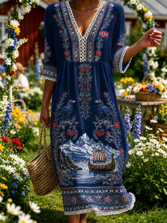 Women's Retro Scandinavian Cotton Linen Skirt with Norwegian Art Print
