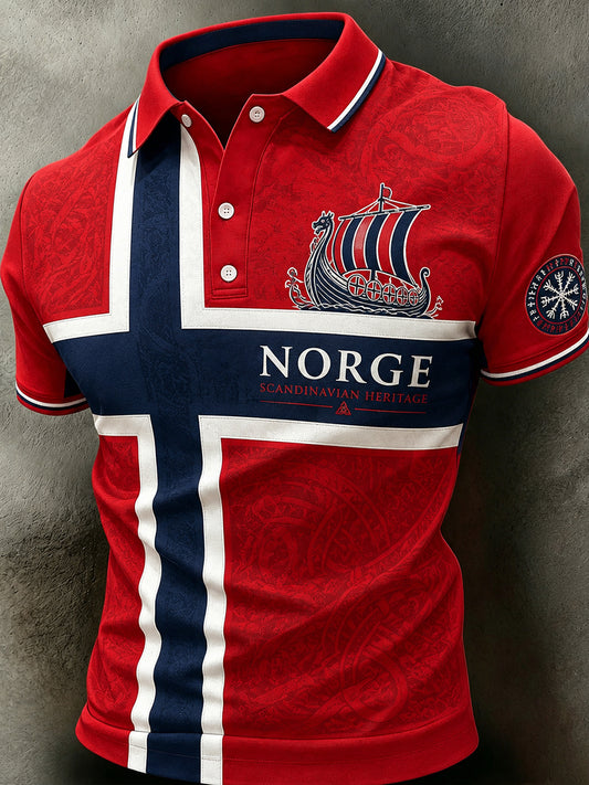 Men's Retro Nordic Style Norwegian Art Print Casual Polo Shirt