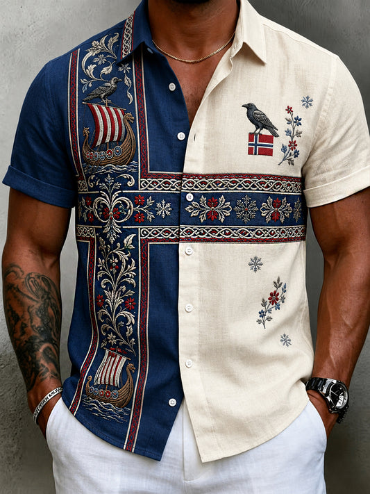 Men's Vintage Scandinavian Style Cotton-Linen Shirt with Norwegian Art Print
