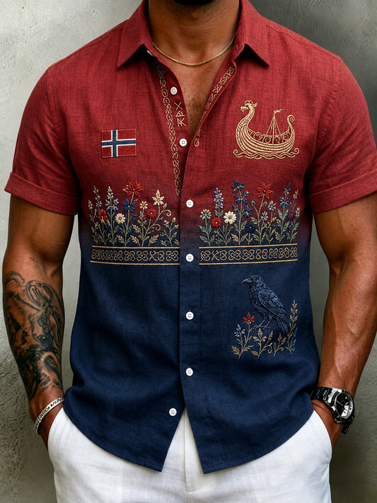 Men's Vintage Scandinavian Style Cotton-Linen Shirt with Norwegian Art Print