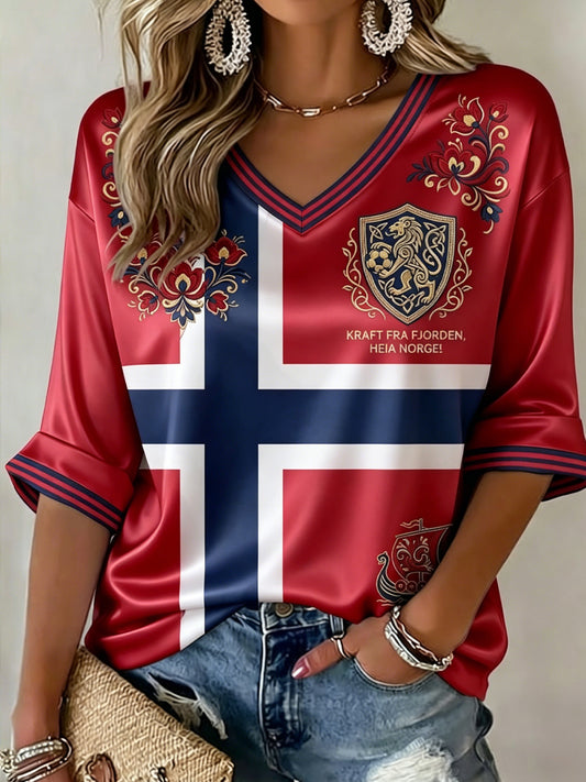 Women's Retro Norway 2026 Football Fan Luxury V-Neck T-Shirt