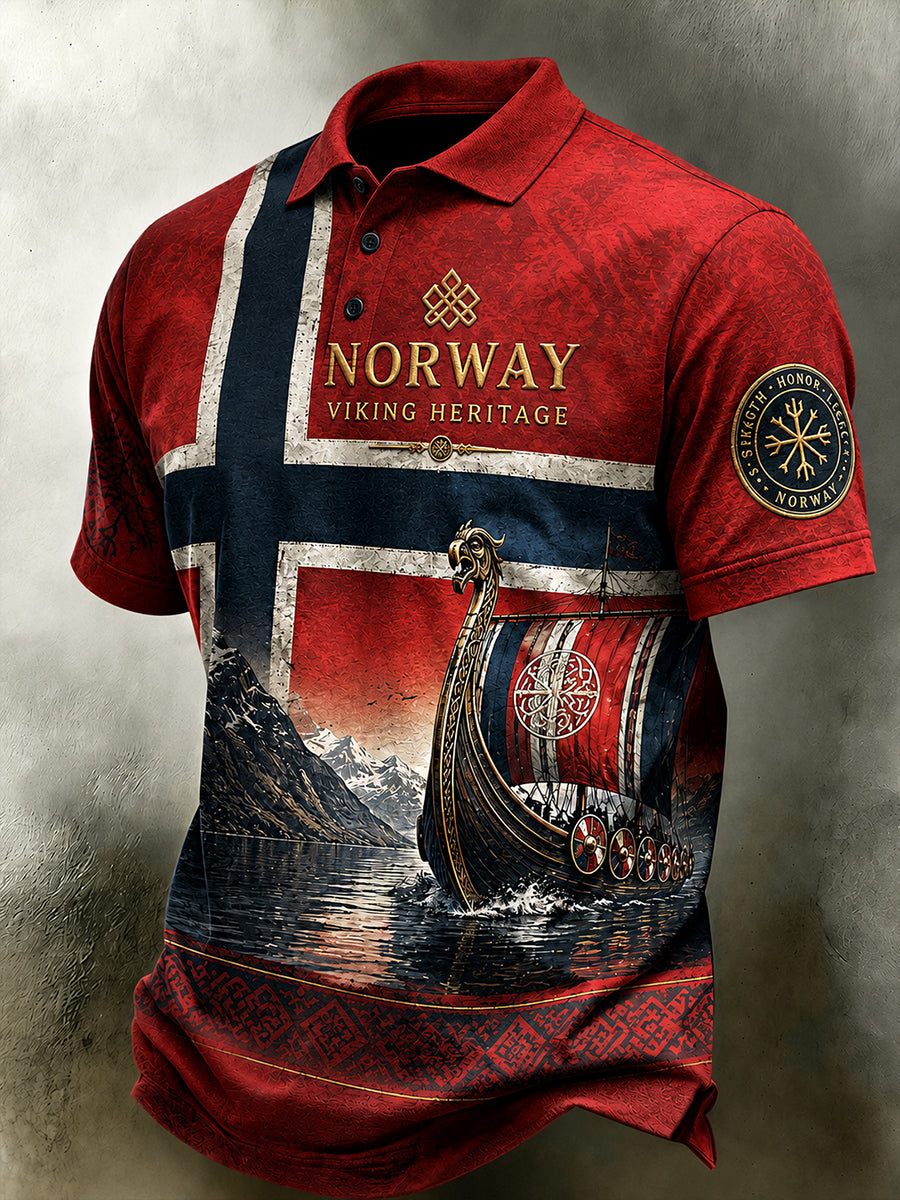Menns retro poloskjorte i nordisk stil med norsk kunsttrykk