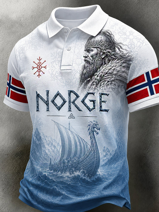 Men's retro polo shirt in Nordic style with Norwegian art print