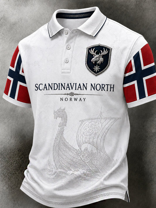 Men's Nordic Style Retro Polo Shirt with Norwegian Art Print