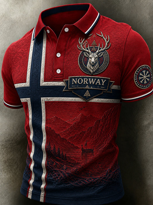 Men's Nordic Style Retro Polo Shirt with Norwegian Art Print