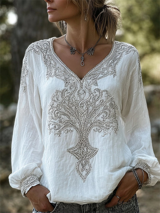 Women's Classic Vintage Viking Tree of Life Celtic Pattern Cotton Linen Shirt