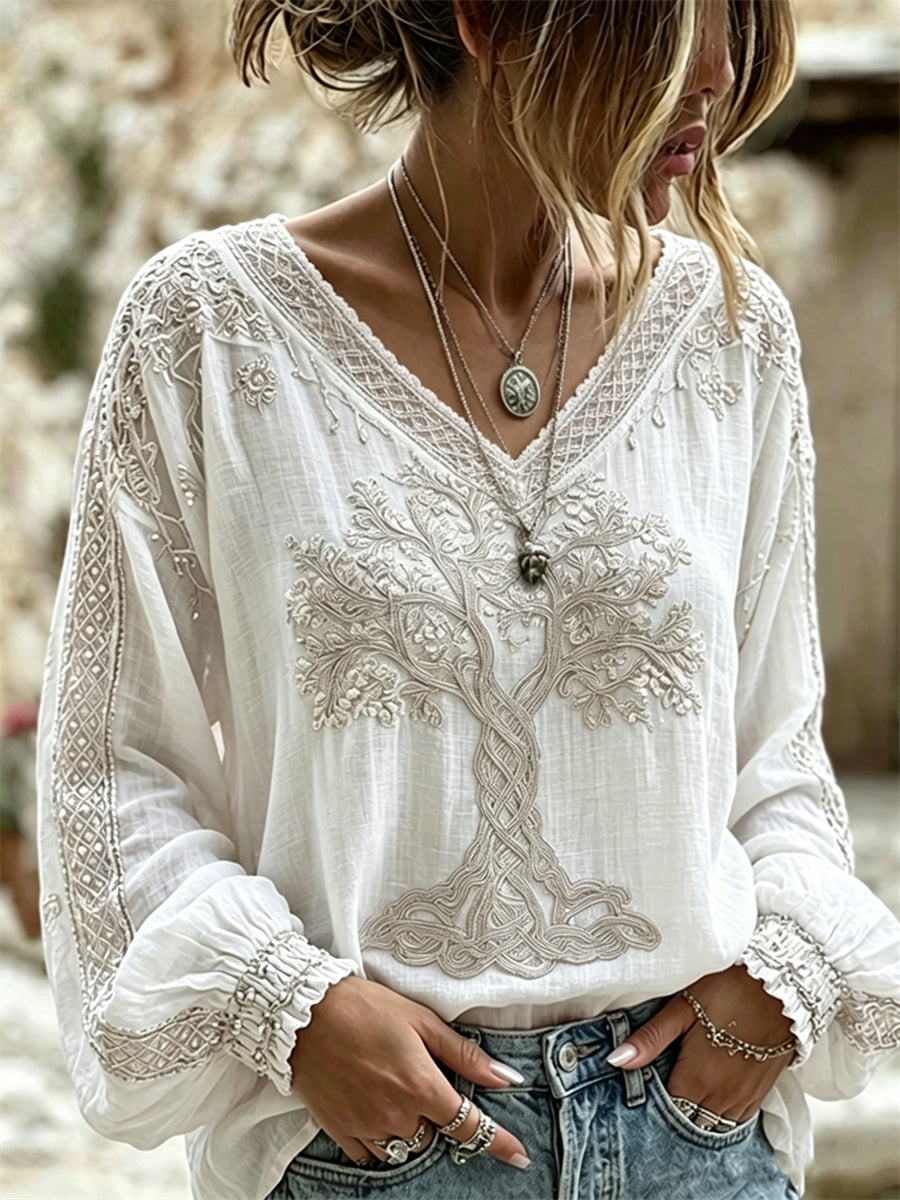 Women's shirt in classic Viking style with tree of life and Celtic knot pattern, V-neck, cotton-linen