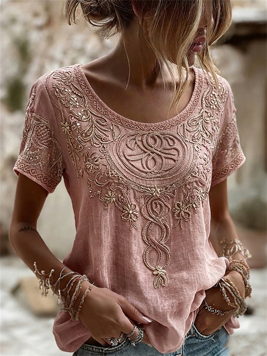 Women's Vintage Viking and Celtic Knot and Floral Pattern Linen Short Sleeve T-Shirt
