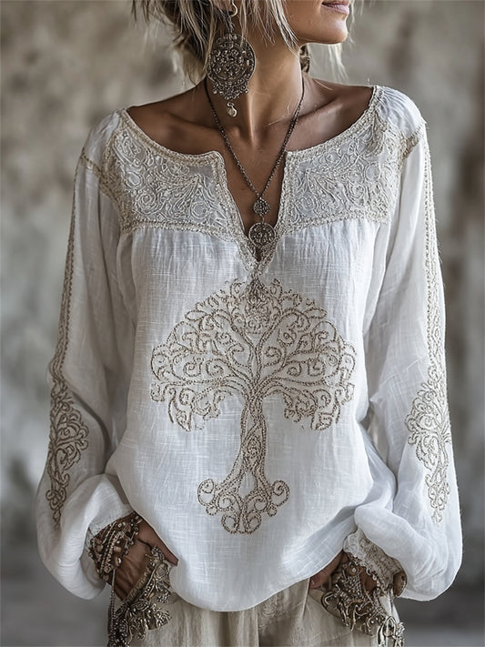 Vintage women's blouse with Tree of Life print, notch neck, and in cotton-linen