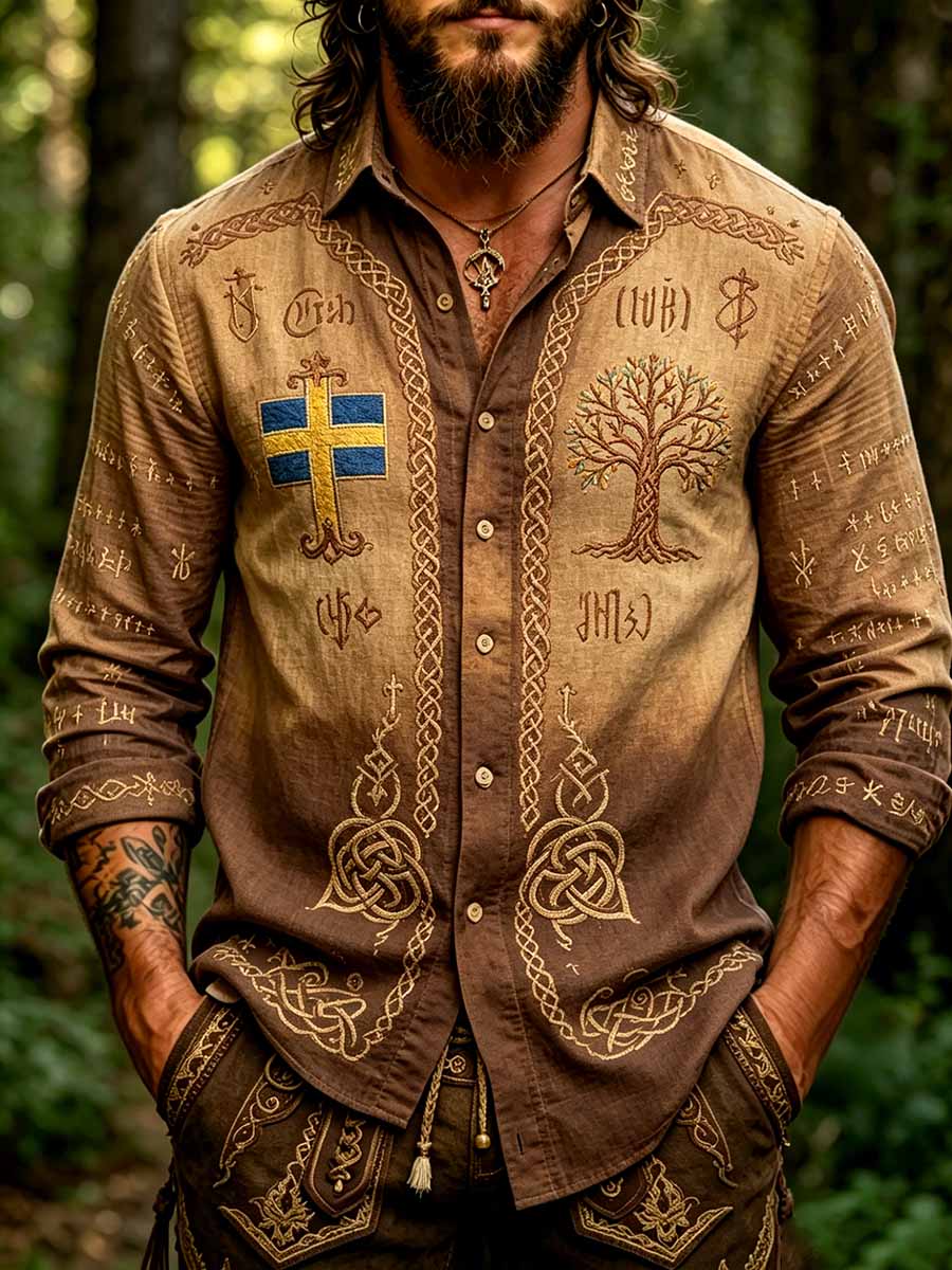 Herrmode vikingatavla tryckt skjorta