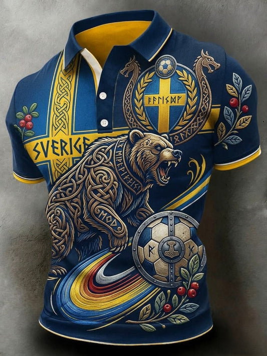 Men's short-sleeved polo shirt with retro print for Swedish football enthusiasts 2026