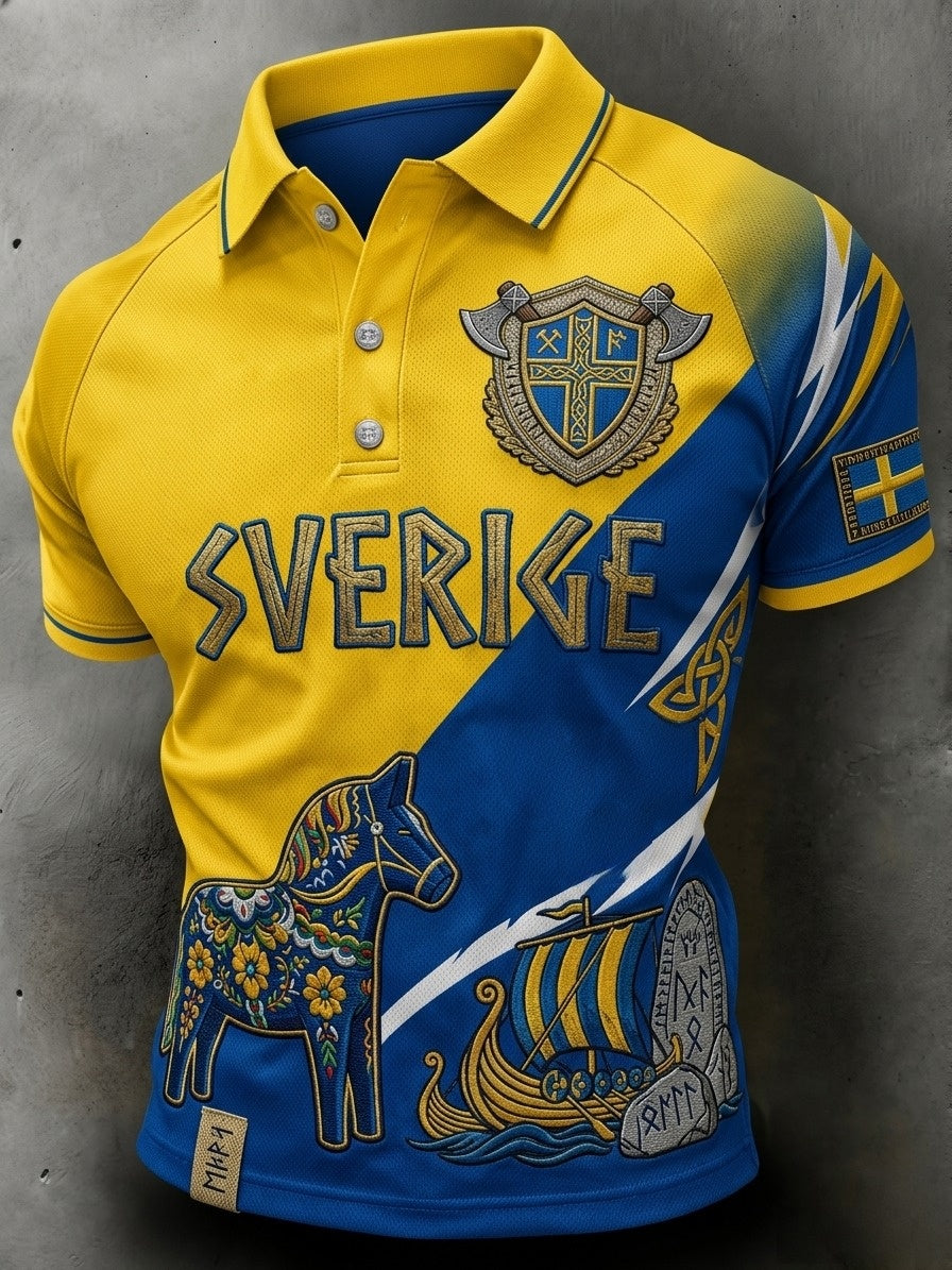 Herrpolskortärmad polo med retrotryck för svenska fotbollsentusiaster 2026