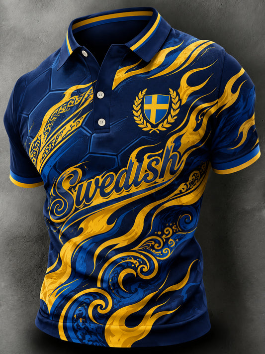 Men's artistic turtleneck sweater with football motif and Swedish theme