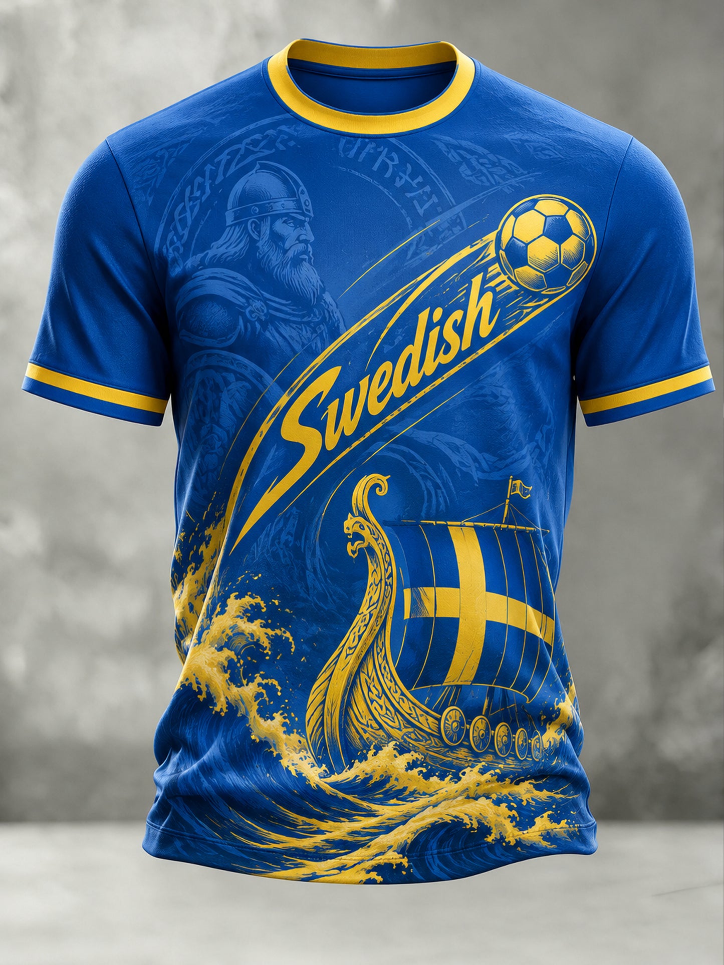 Konstnärlig t-shirt för herr med fotbollsmotiv och svensk tema