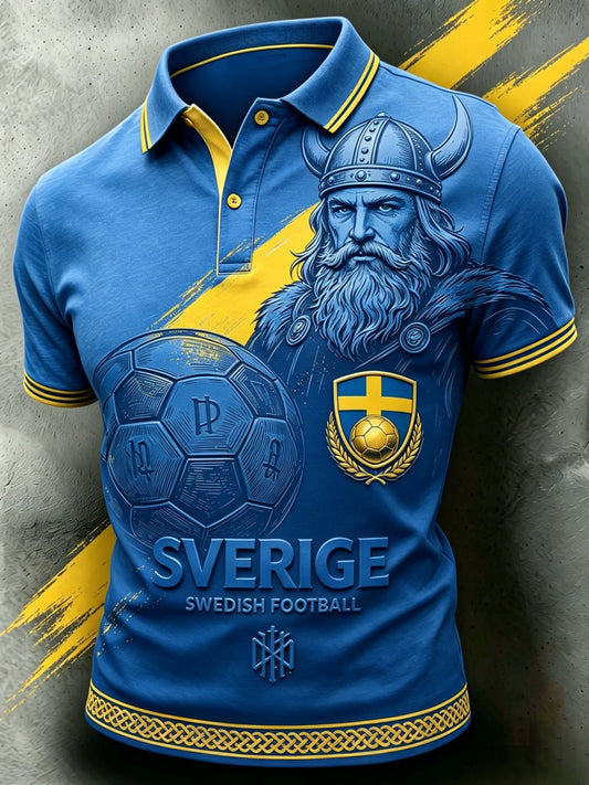 Men's short-sleeved polo shirt with retro print for Swedish football enthusiasts 2026