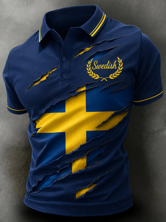 Men's artistic turtleneck sweater with football motif and Swedish theme