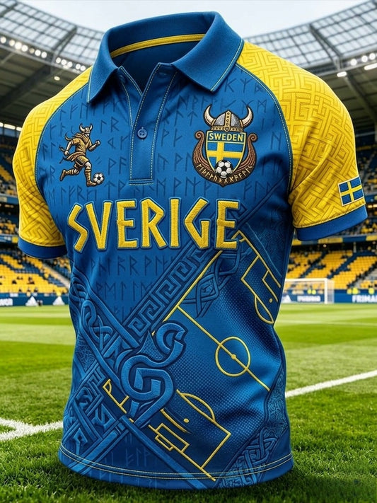 Men's short-sleeved polo shirt with retro print for Swedish football enthusiasts 2026