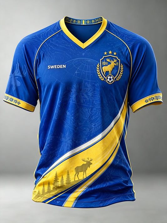 Men's T-shirt with artistic football motif, V-neck, and short sleeves