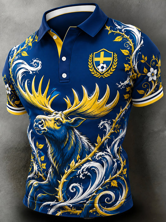 Men's artistic turtleneck sweater with football motif and Swedish theme