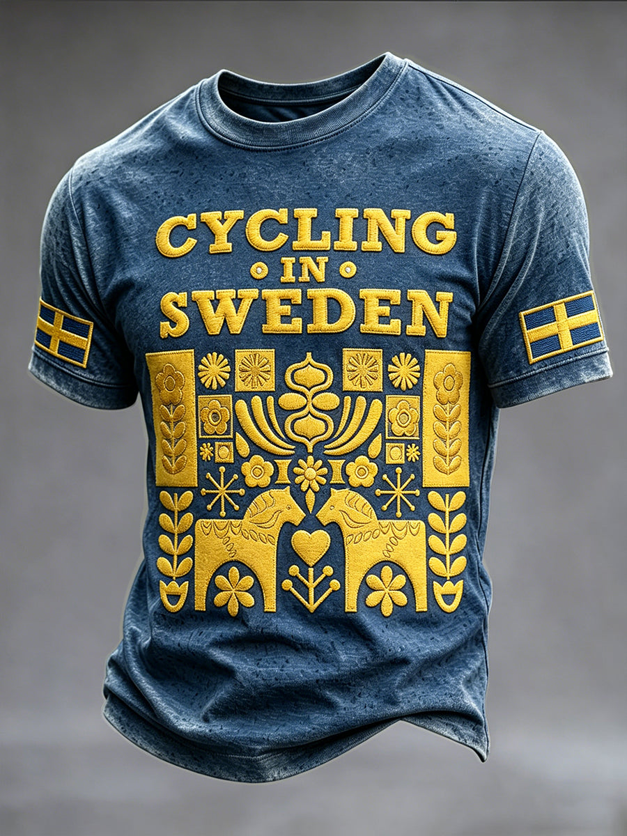 Men's Vintage Blue Swedish Bicycle Dala Horse Print Casual T-Shirt