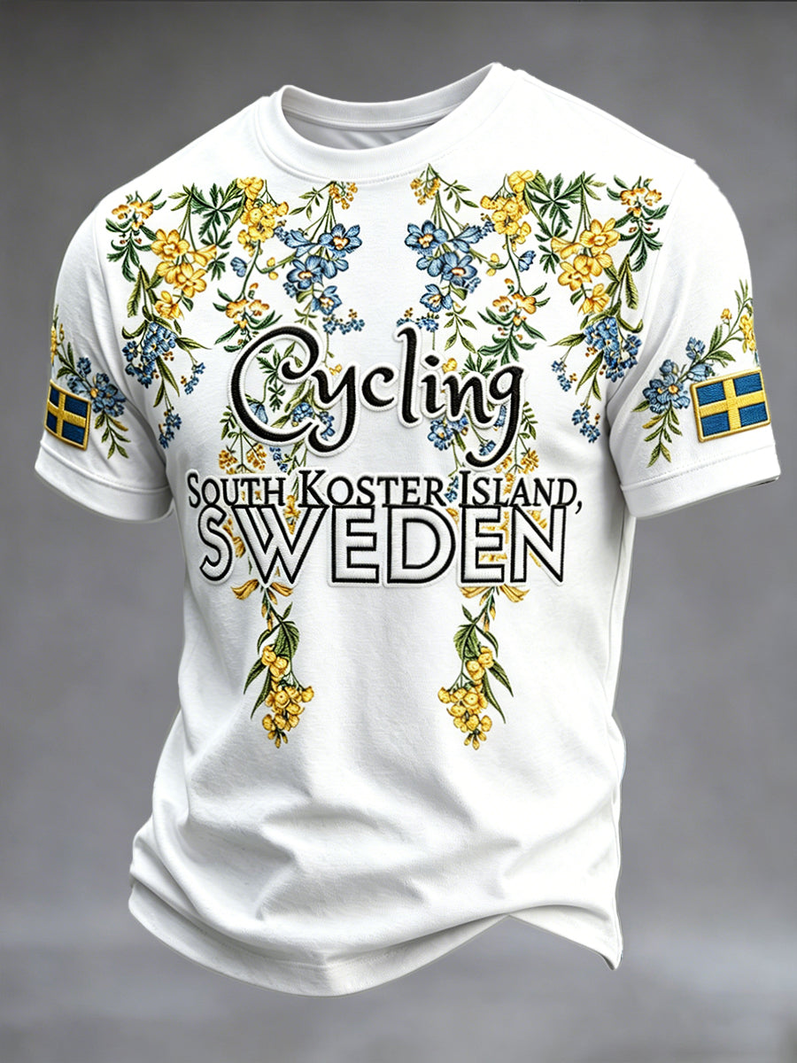 White, relaxed fit men's cycling shirt with a Swedish cycling and floral pattern