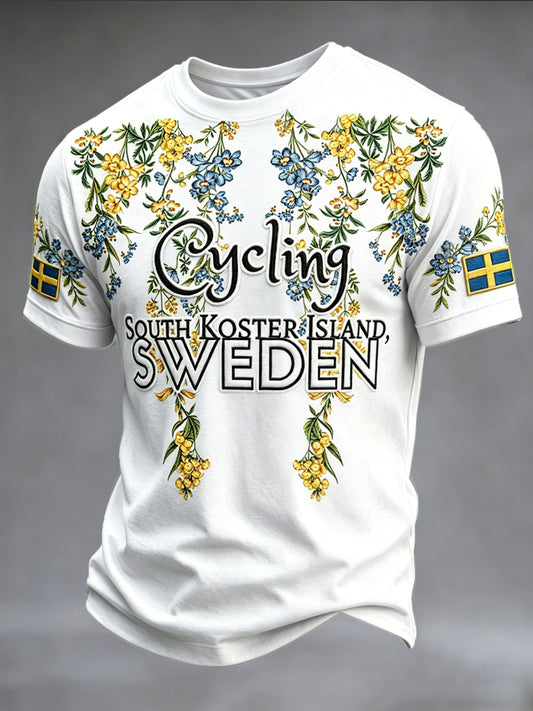 White, relaxed fit men's cycling shirt with a Swedish cycling and floral pattern