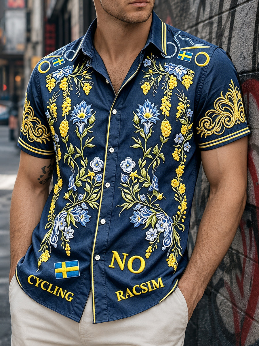 Men's navy blue shirt with Swedish anti-discrimination motto, relaxed fit with short sleeves