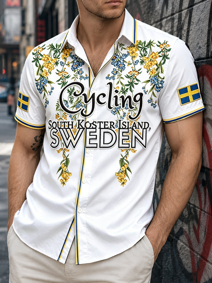 Men's shirt in Swedish cycling design with a floral pattern and short sleeves, for everyday use