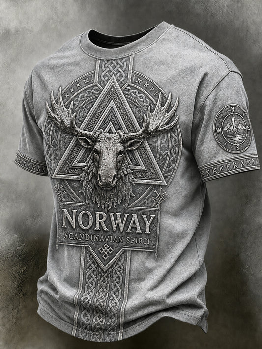 Menns kausjale retrotrøye i nordisk stil med norsk kunsttrykk