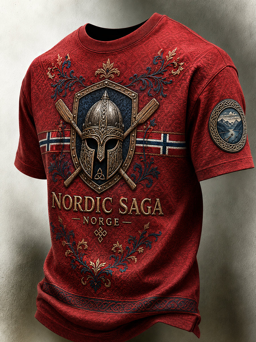 Menns kausjale retrotrøye i nordisk stil med norsk kunsttrykk