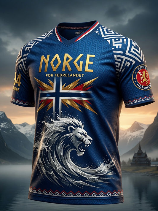 Retro norsk t-skjorte fra 2026 i patchwork-stil, inspirert av fotball