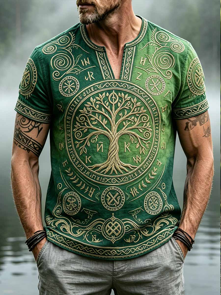 Mäns Retro Viking Totem mönster tryckt T-shirt