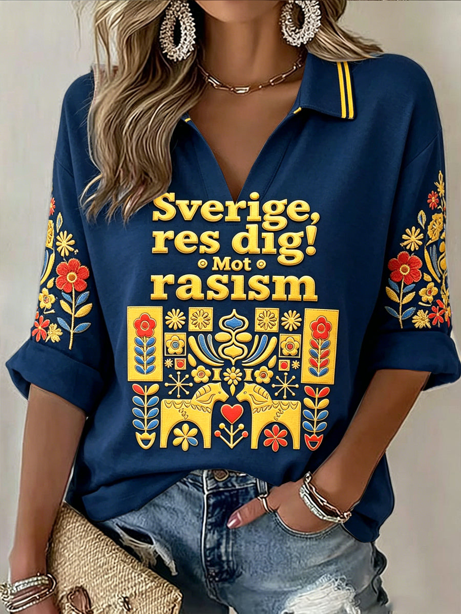 Damlivsmedelssvensk antidiskrimineringsdalahäst blommönstrad avslappnad polotröja