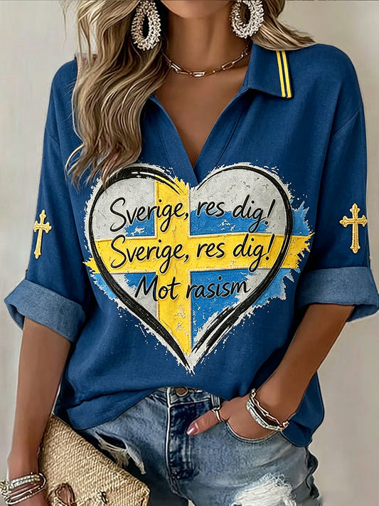 Damsvart polotröja i svenskt anti-diskrimineringsdesign med hjärnmönster, avslappnad stil