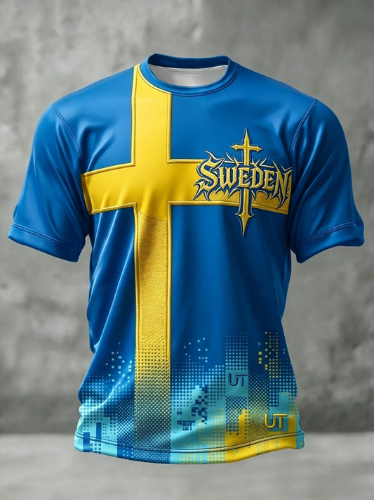 Herrtröja i retrostil med svensk fotbollsmotiv och korta ärmar, år 2026