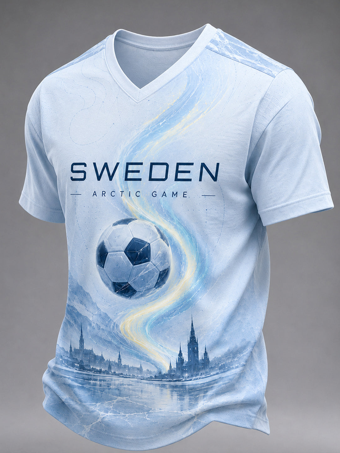 Herr-T-shirt med fotbollsmotiv, V-ringning och korta ärmar