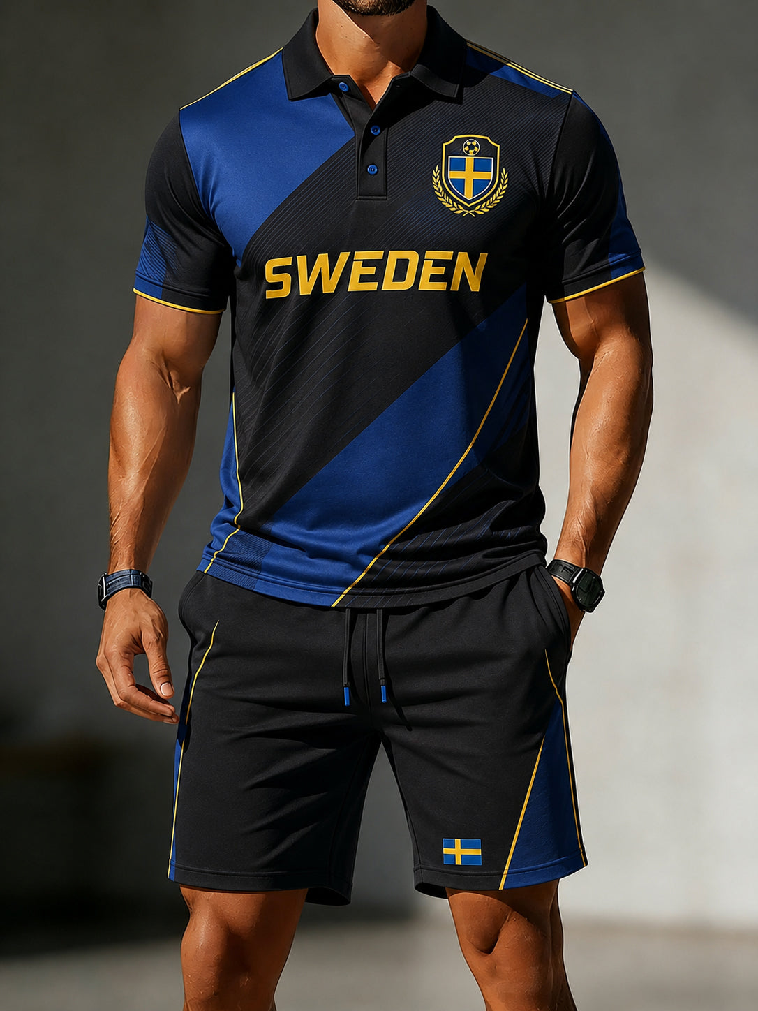 Herrset med polo och korta byxor med fotbollsmotiv