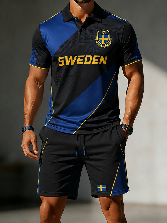 Herrset med polo och korta byxor med fotbollsmotiv